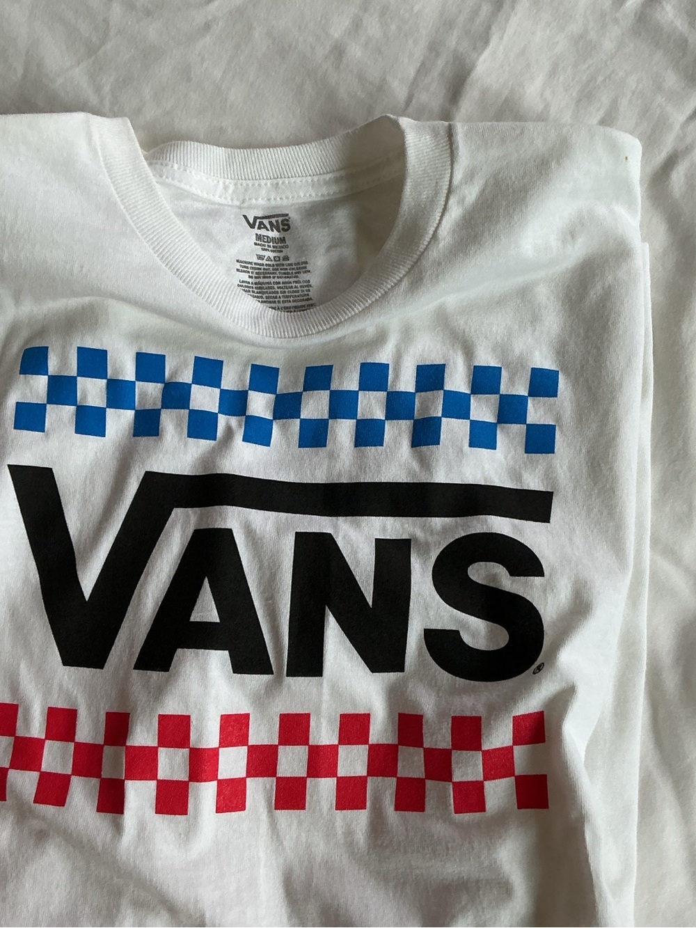 Vans White Tee with Black Logo and Blue & Red Checkerboard